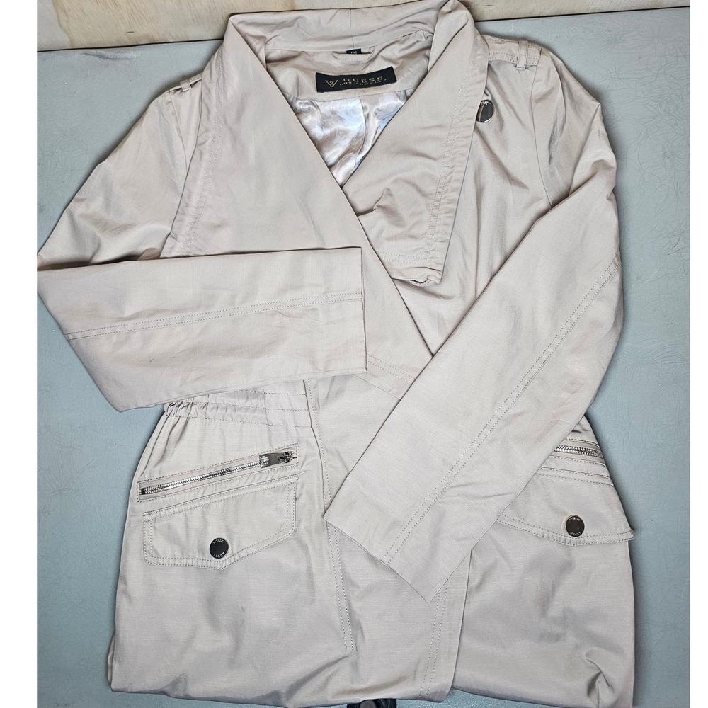 GUESS Los Angeles Womens Tan Draped Trench Jacket Drawstring Waist Beige Coat‎